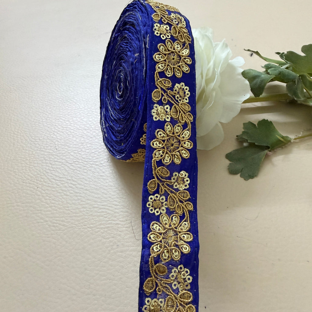 Royal Blue & Gold Floral Embroideree Border – 9 Yards Designer Zari Trim for Saree.