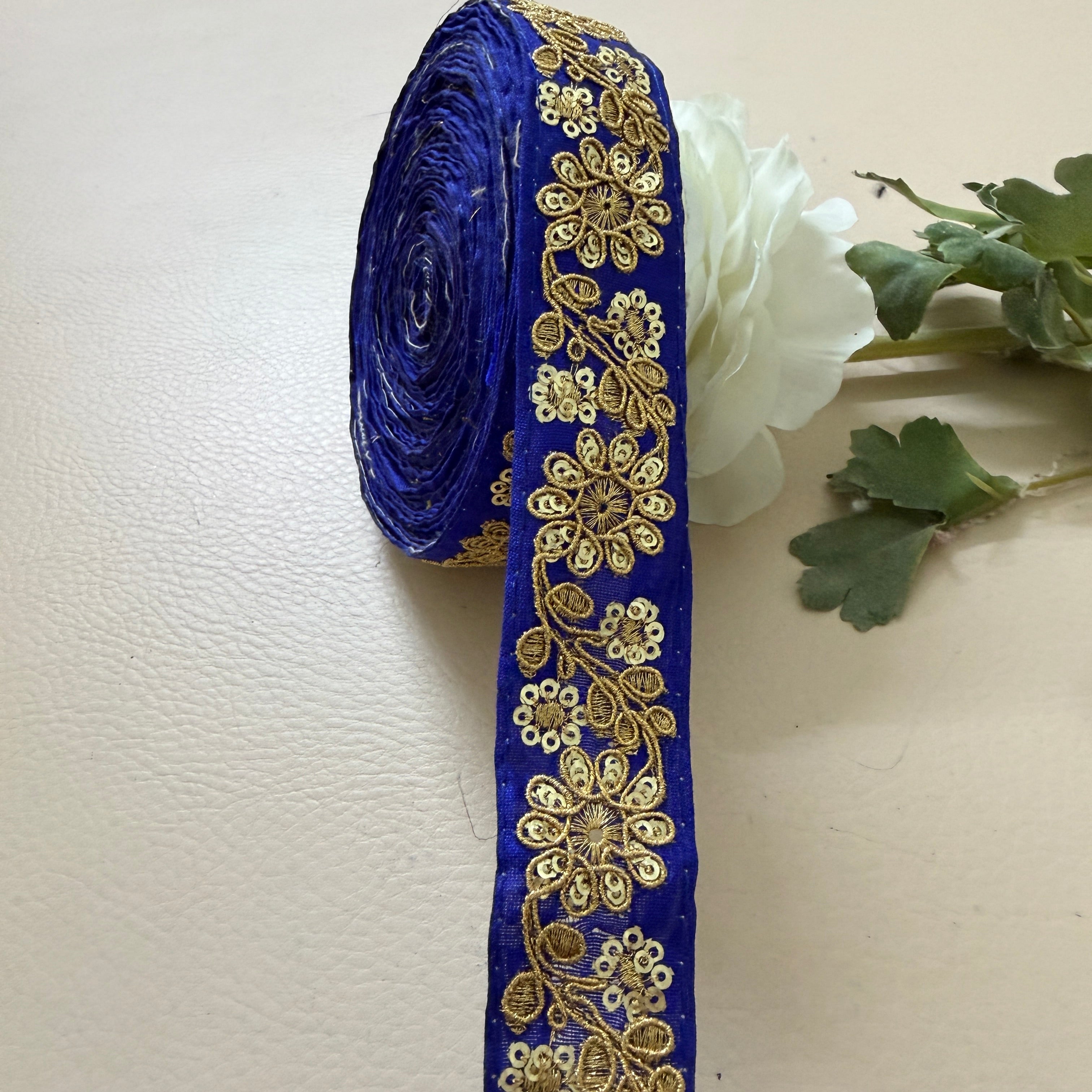 Royal Blue & Gold Floral Embroideree Border – 9 Yards Designer Zari Trim for Saree.