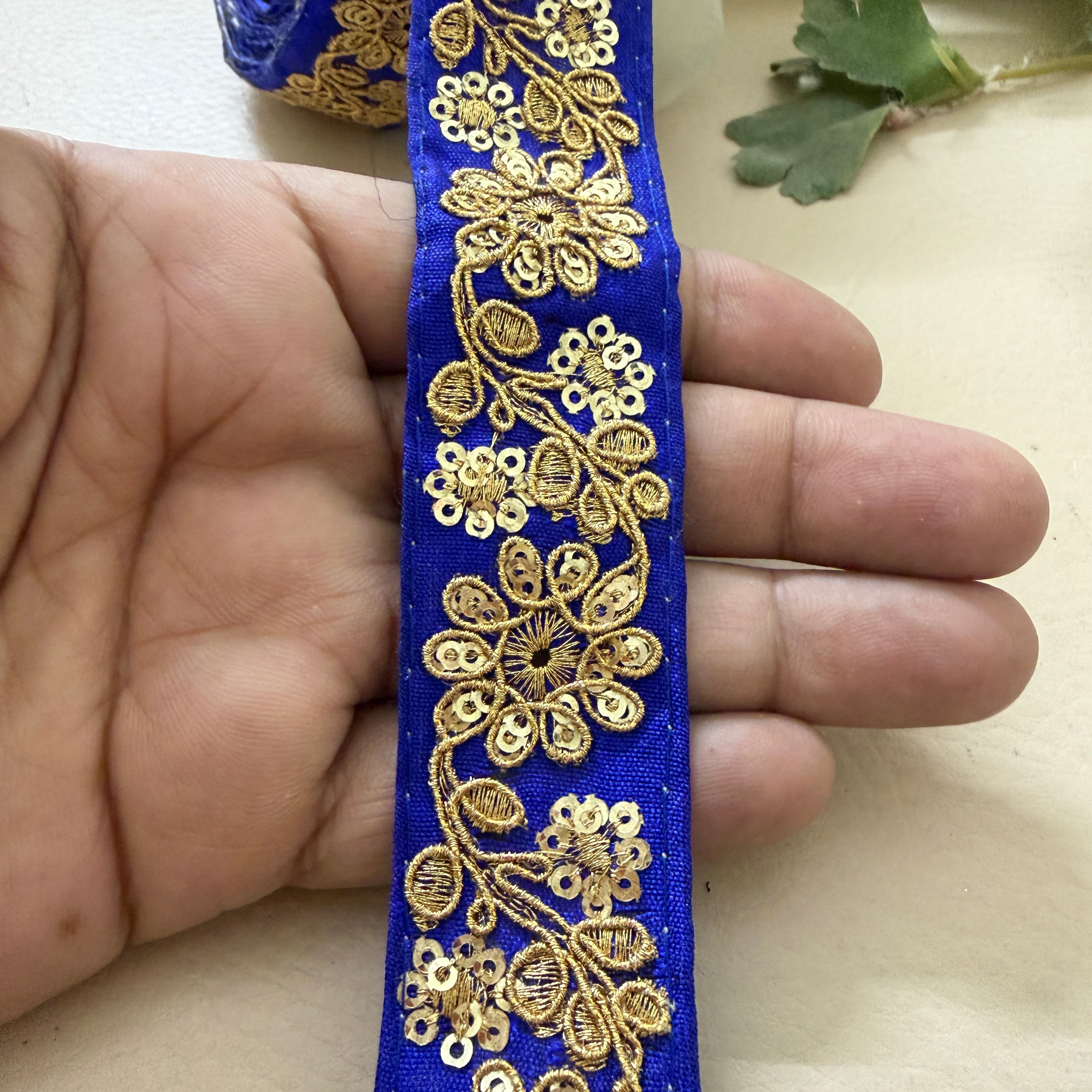 Royal Blue & Gold Floral Embroideree Border – 9 Yards Designer Zari Trim for Saree.