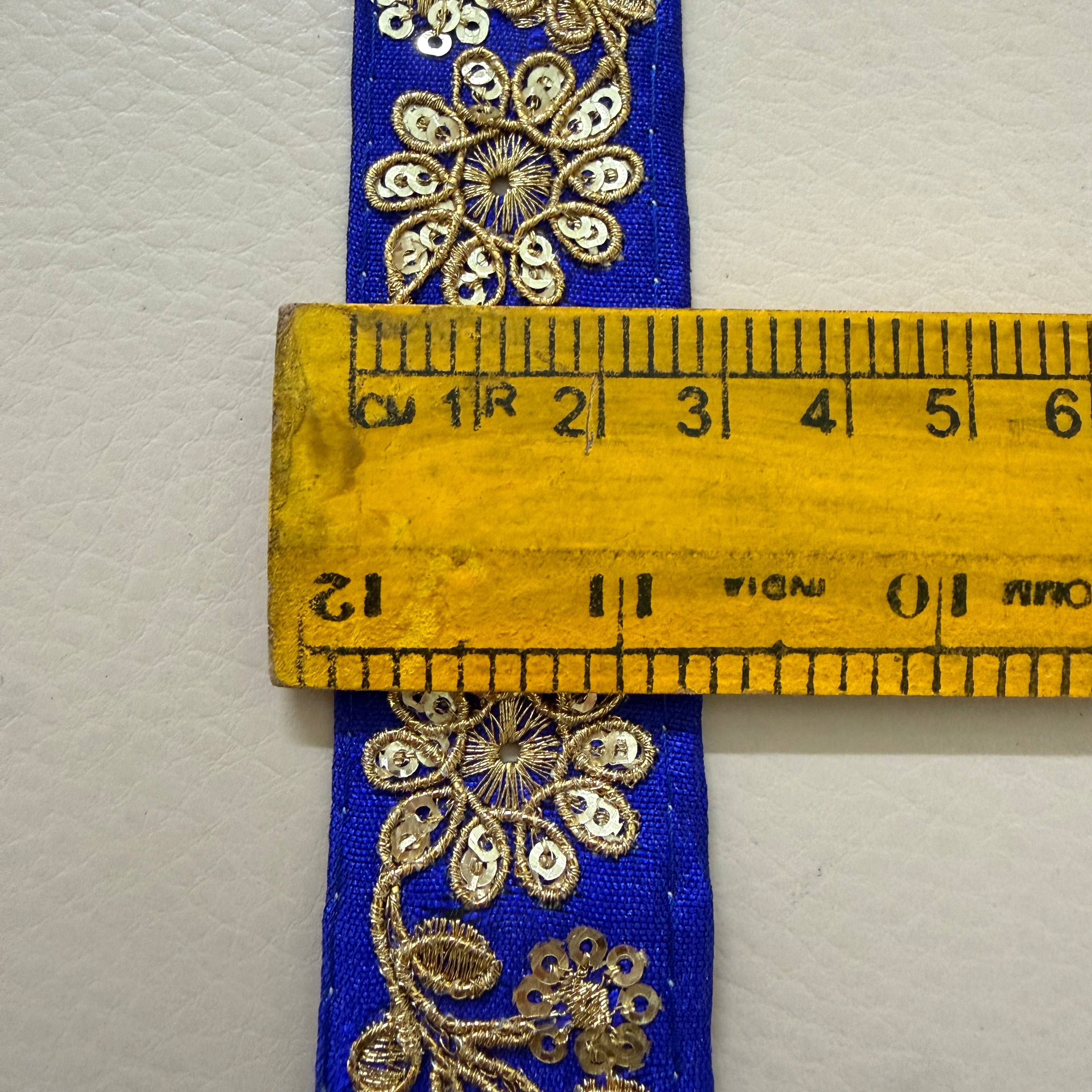 Royal Blue & Gold Floral Embroideree Border – 9 Yards Designer Zari Trim for Saree.