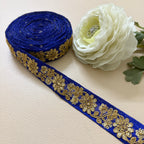 Royal Blue & Gold Floral Embroideree Border – 9 Yards Designer Zari Trim for Saree.