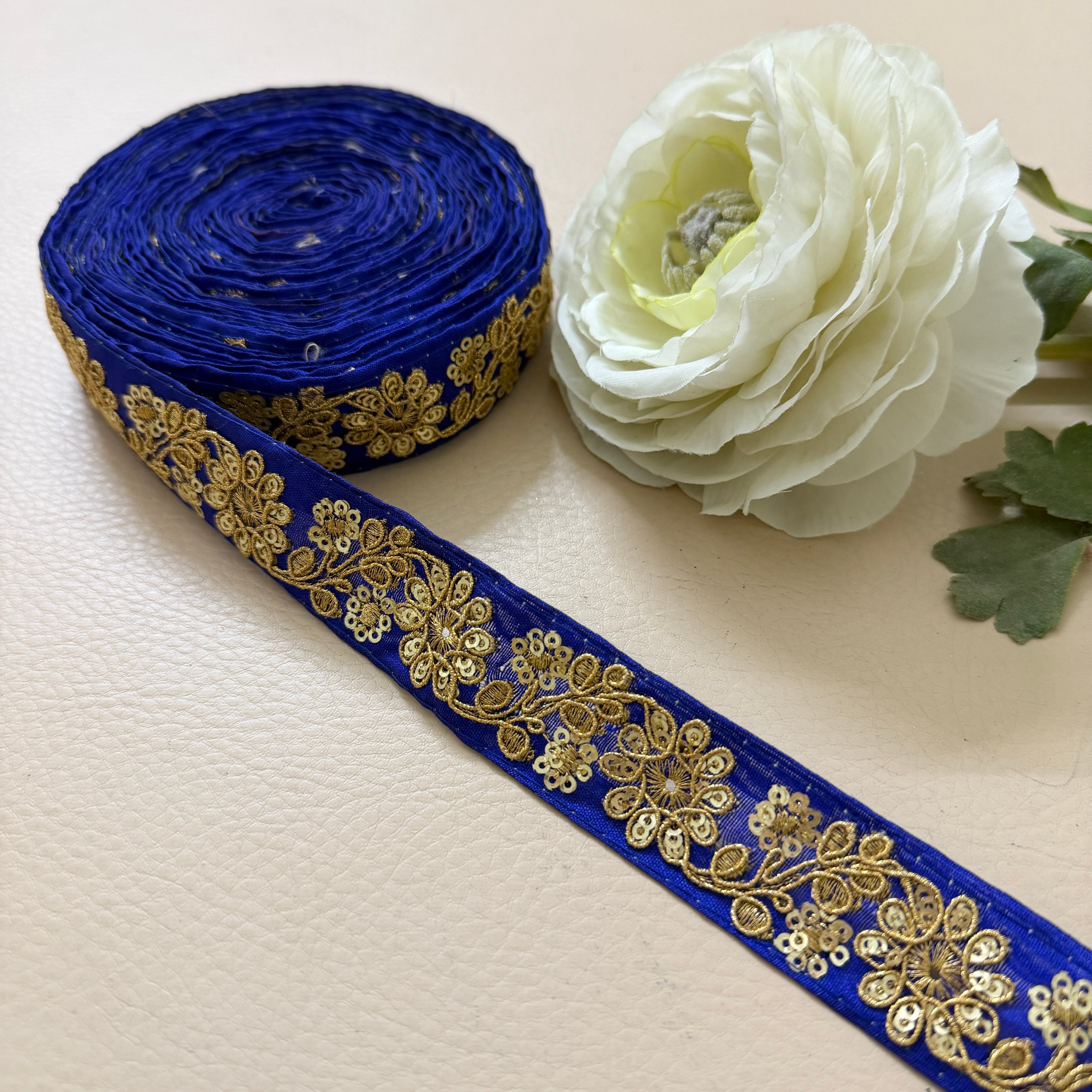 Royal Blue & Gold Floral Embroideree Border – 9 Yards Designer Zari Trim for Saree.