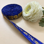 Royal Blue & Gold Floral Embroideree Border – 9 Yards Designer Zari Trim for Saree.