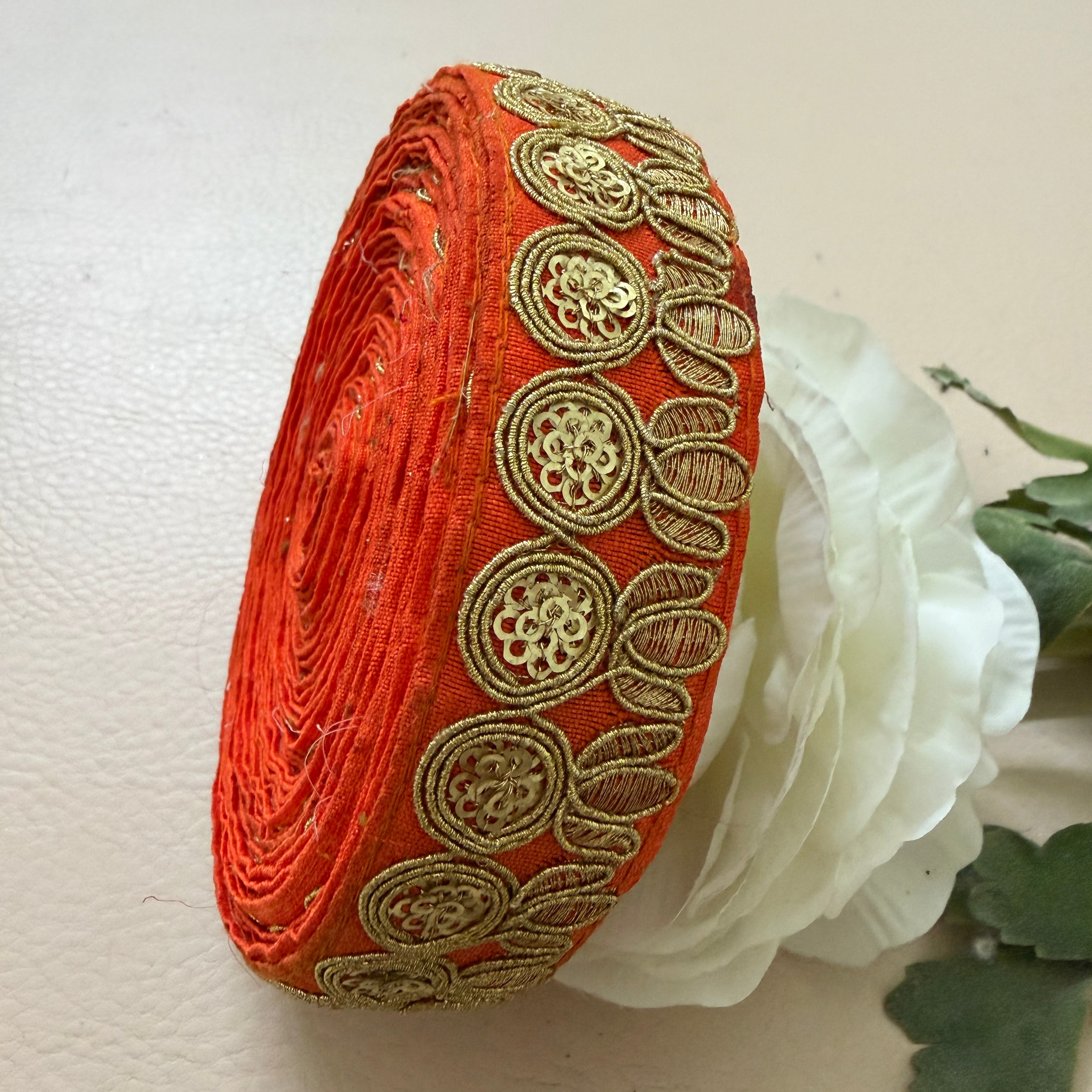 Premium Orange & Gold Zari Embroidered Lace Trim – 9 Yards.