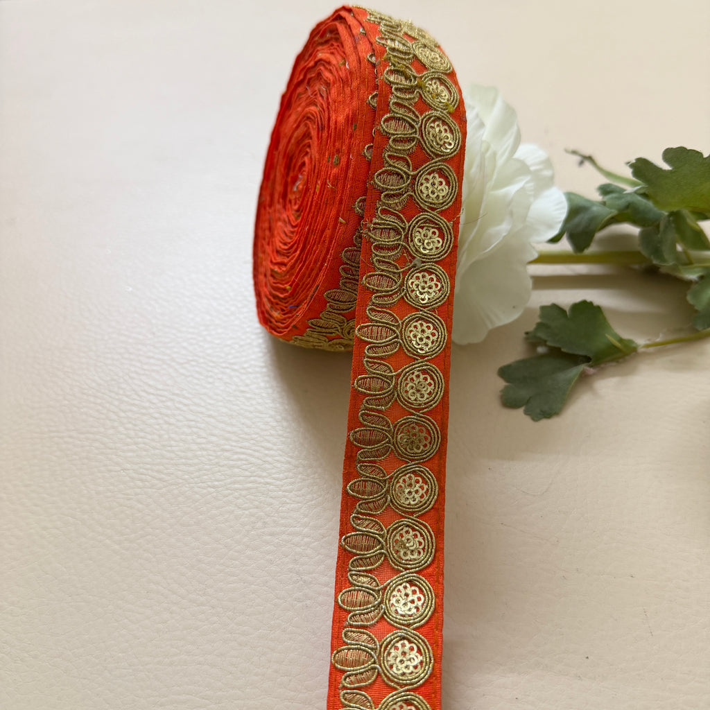 Premium Orange & Gold Zari Embroidered Lace Trim – 9 Yards.