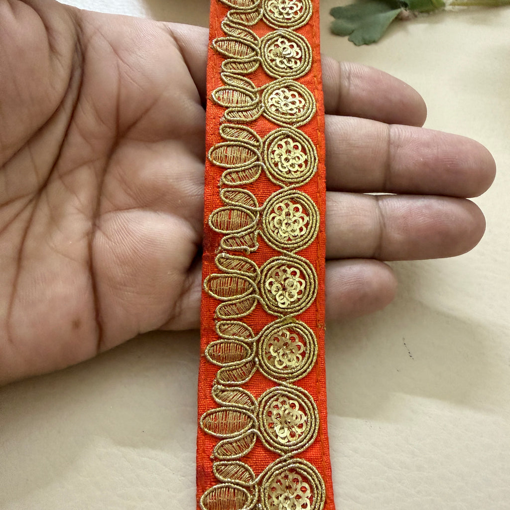 Premium Orange & Gold Zari Embroidered Lace Trim – 9 Yards.