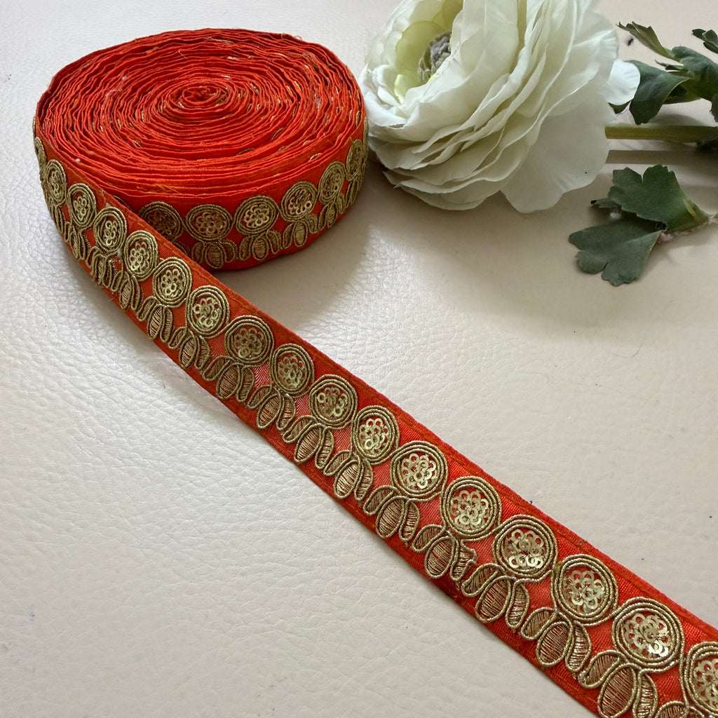 Premium Orange & Gold Zari Embroidered Lace Trim – 9 Yards.