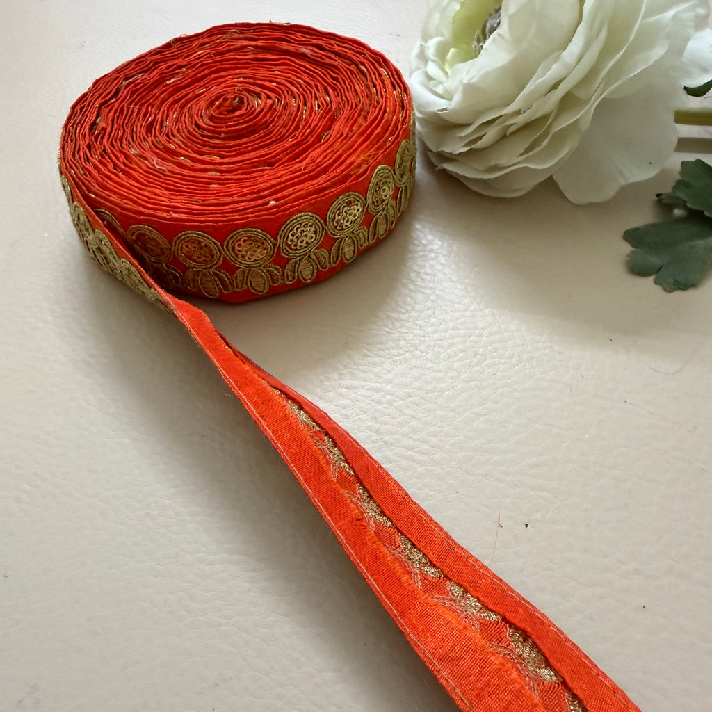 Premium Orange & Gold Zari Embroidered Lace Trim – 9 Yards.