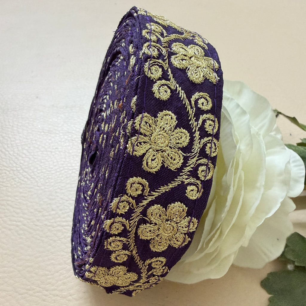9 Yards Royal Purple & Gold Floral Zari Embroidery Lace Trim.