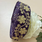 9 Yards Royal Purple & Gold Floral Zari Embroidery Lace Trim.