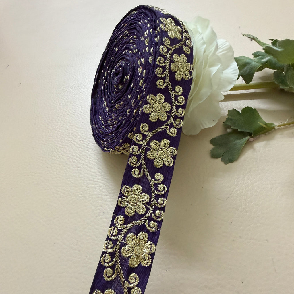 9 Yards Royal Purple & Gold Floral Zari Embroidery Lace Trim.