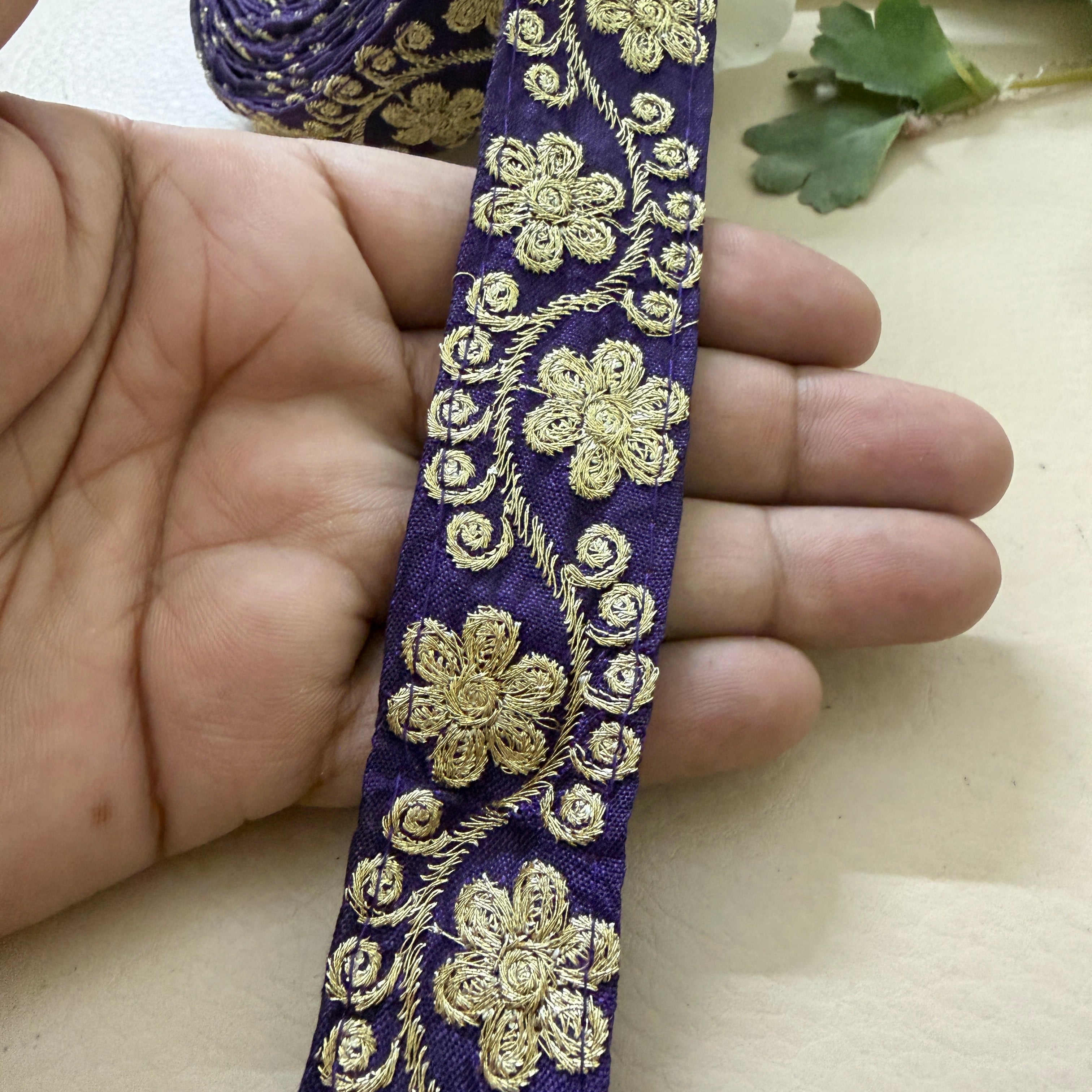 9 Yards Royal Purple & Gold Floral Zari Embroidery Lace Trim.