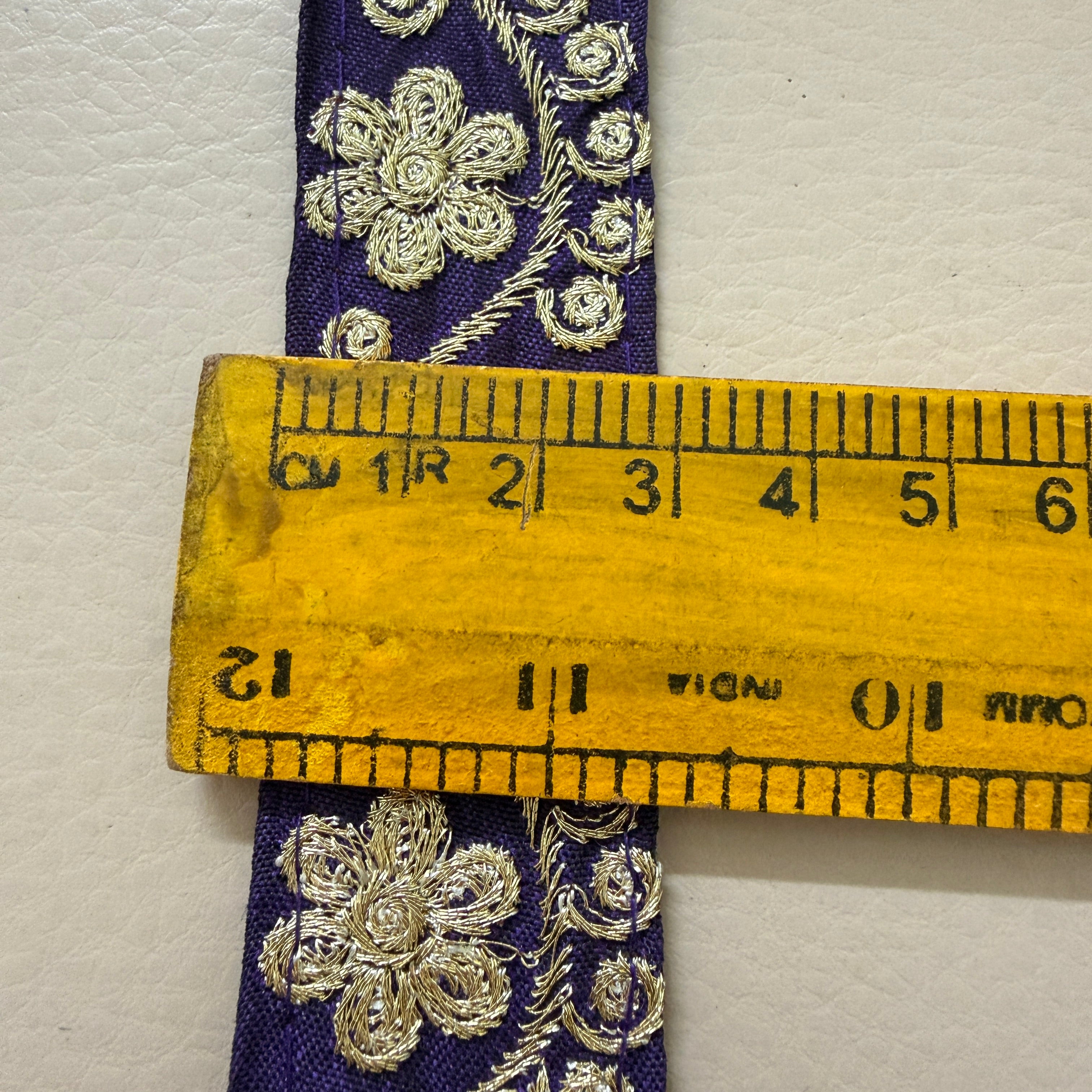 9 Yards Royal Purple & Gold Floral Zari Embroidery Lace Trim.