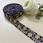 9 Yards Royal Purple & Gold Floral Zari Embroidery Lace Trim.