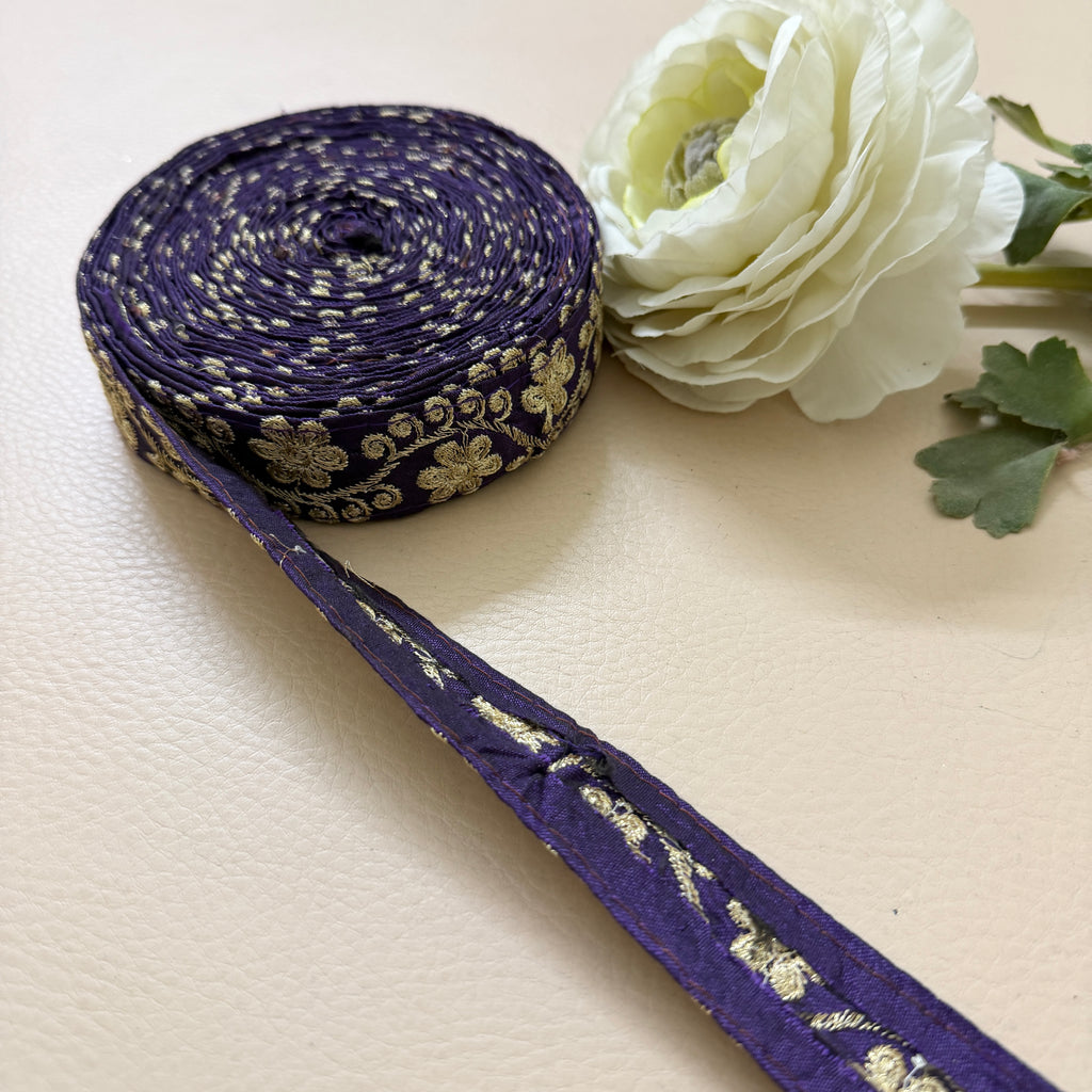 9 Yards Royal Purple & Gold Floral Zari Embroidery Lace Trim.