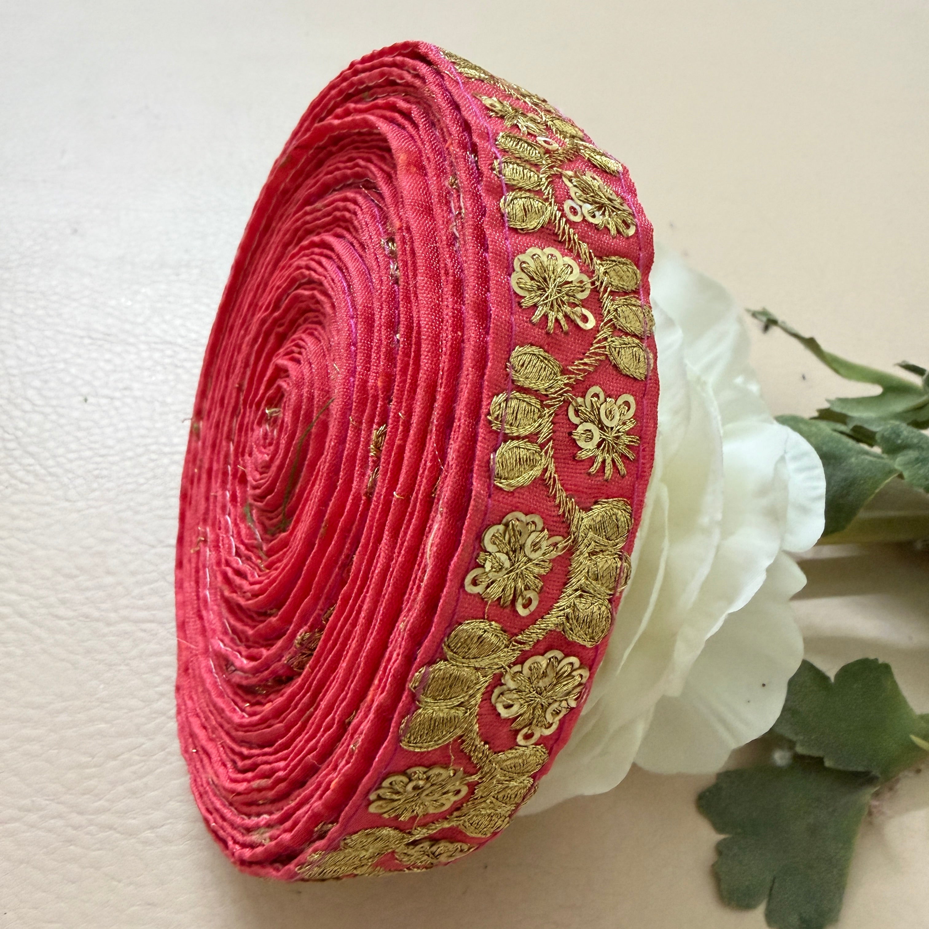 9 Yards Rani Pink & Gold Sequin Floral Embroidery Lace.