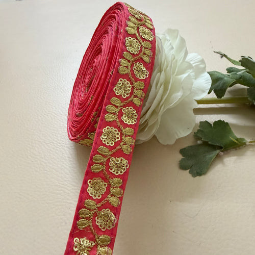 9 Yards Rani Pink & Gold Sequin Floral Embroidery Lace.