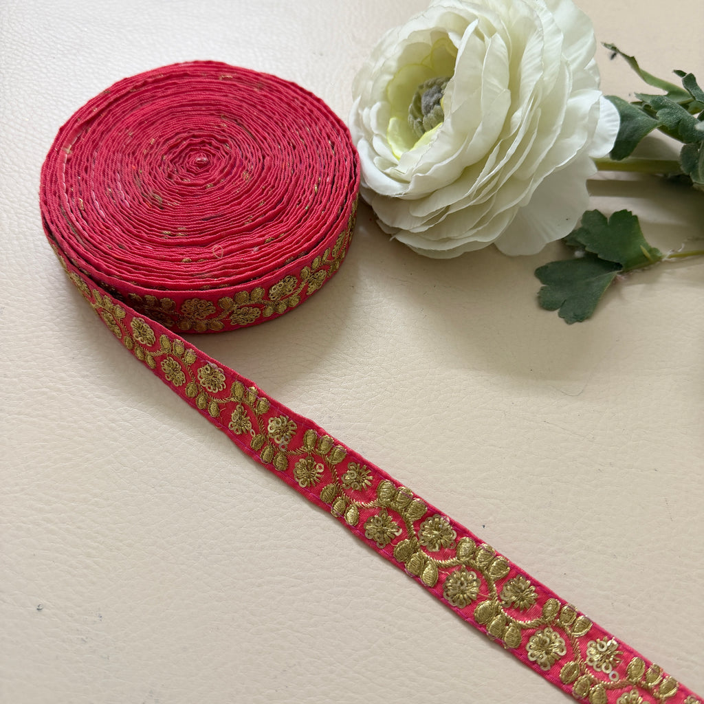 9 Yards Rani Pink & Gold Sequin Floral Embroidery Lace.
