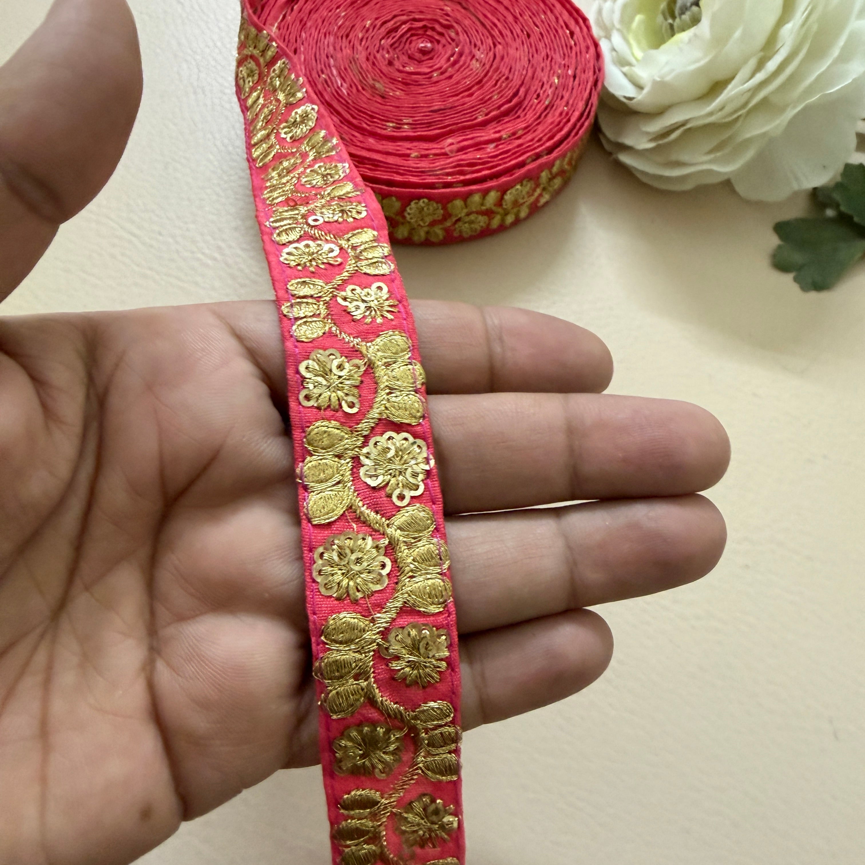 9 Yards Rani Pink & Gold Sequin Floral Embroidery Lace.