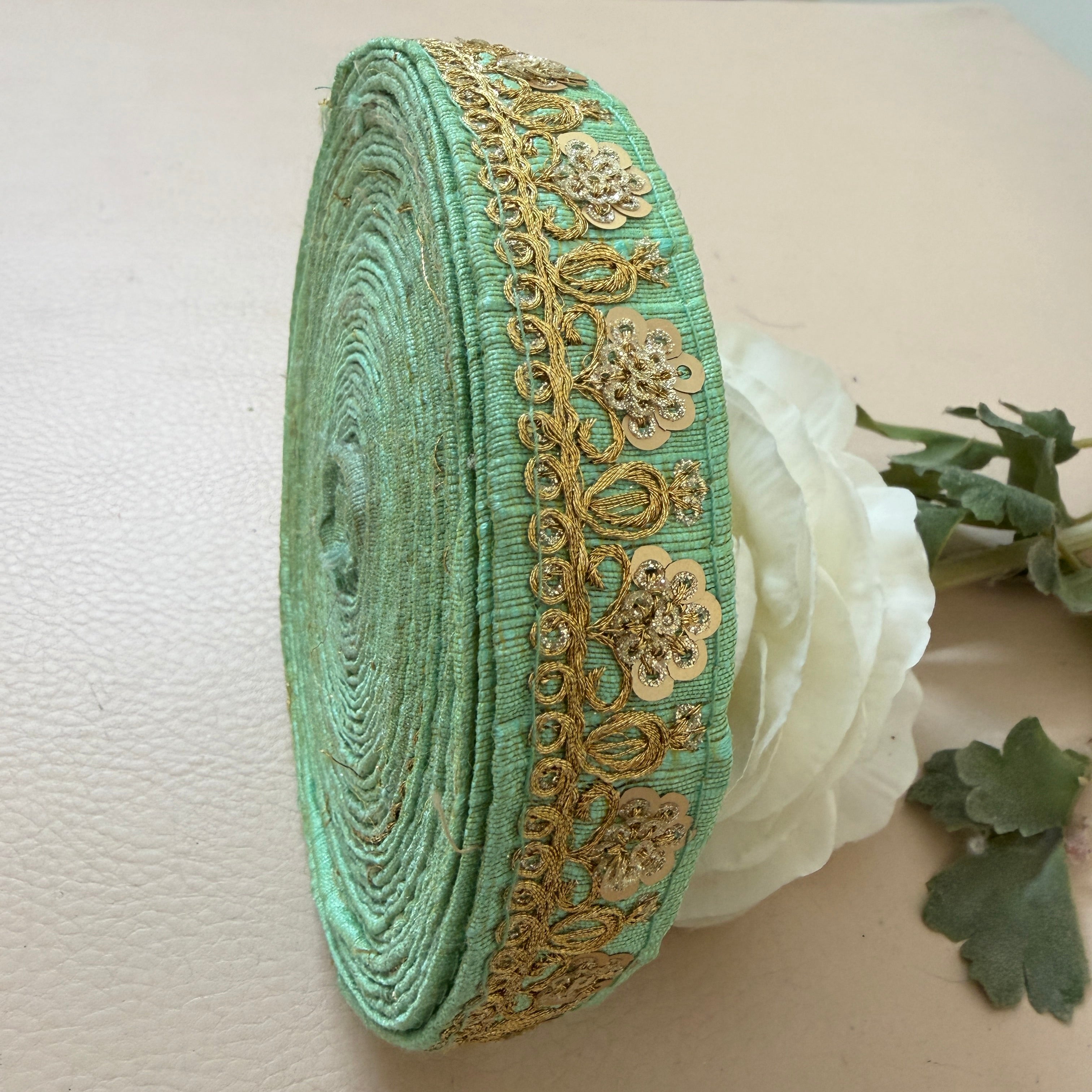 9 Yards Seafoam Mint & Gold Sequin Floral Embroidery Lace.