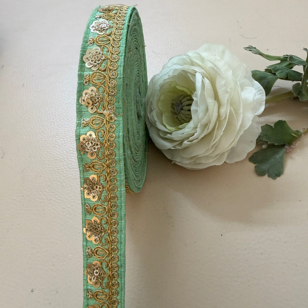 9 Yards Seafoam Mint & Gold Sequin Floral Embroidery Lace.