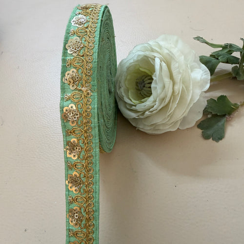 9 Yards Seafoam Mint & Gold Sequin Floral Embroidery Lace.