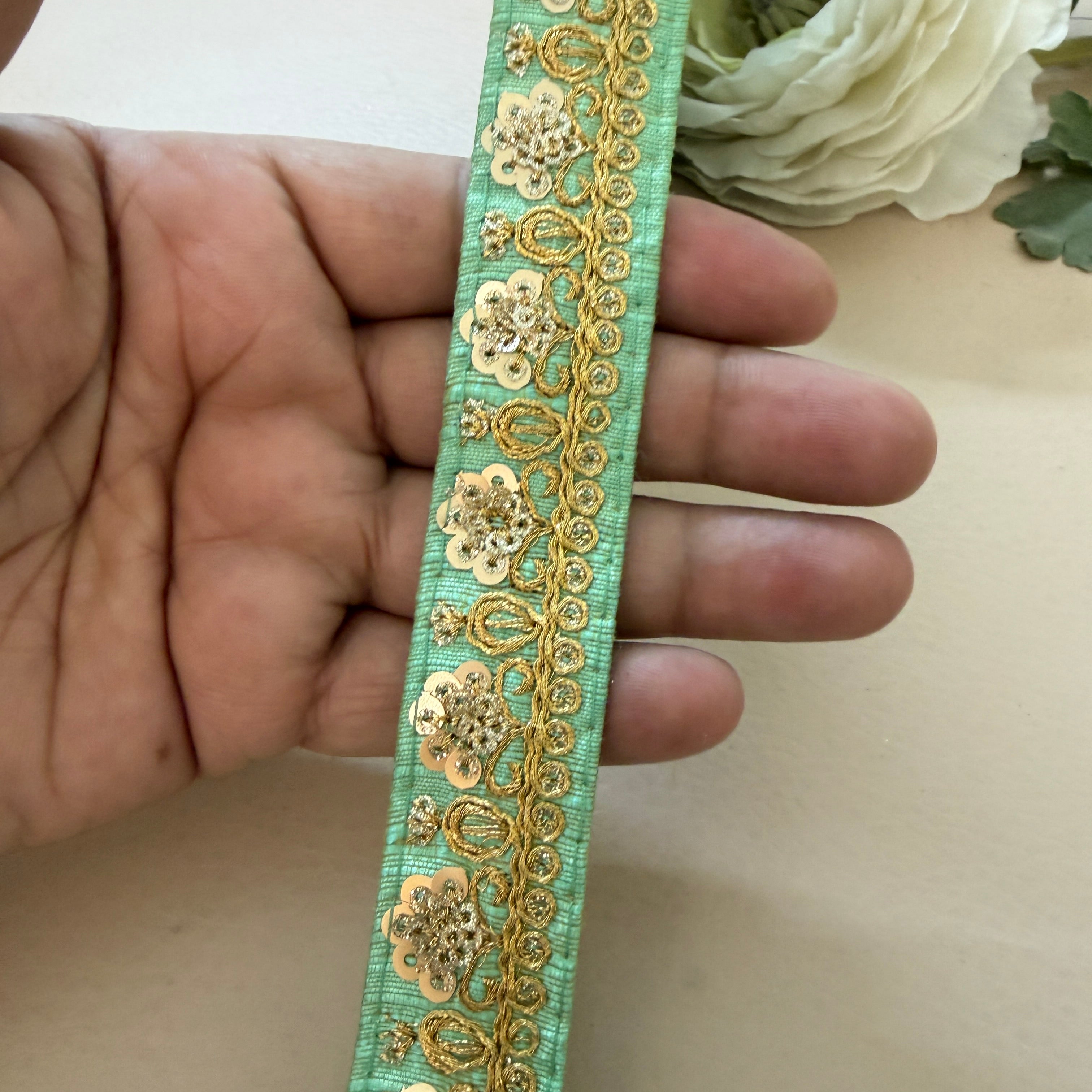9 Yards Seafoam Mint & Gold Sequin Floral Embroidery Lace.
