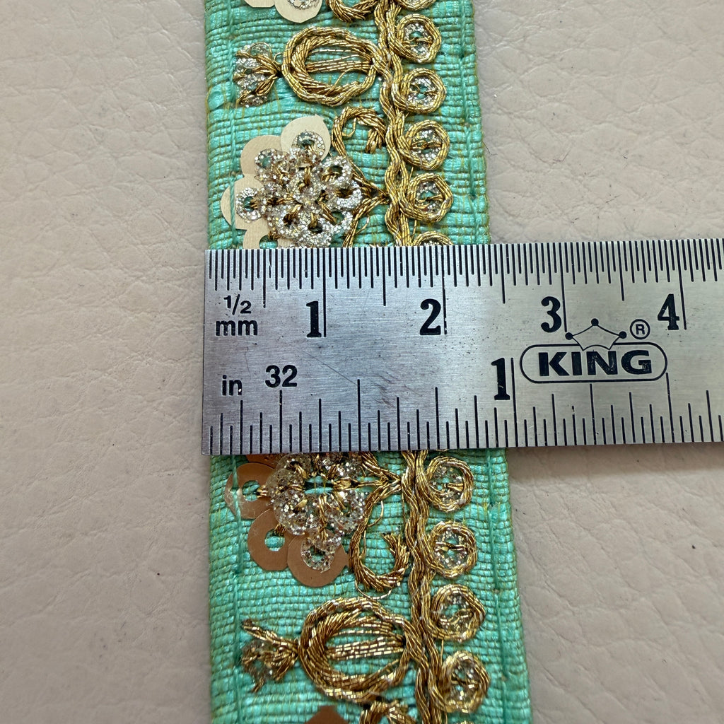 9 Yards Seafoam Mint & Gold Sequin Floral Embroidery Lace.