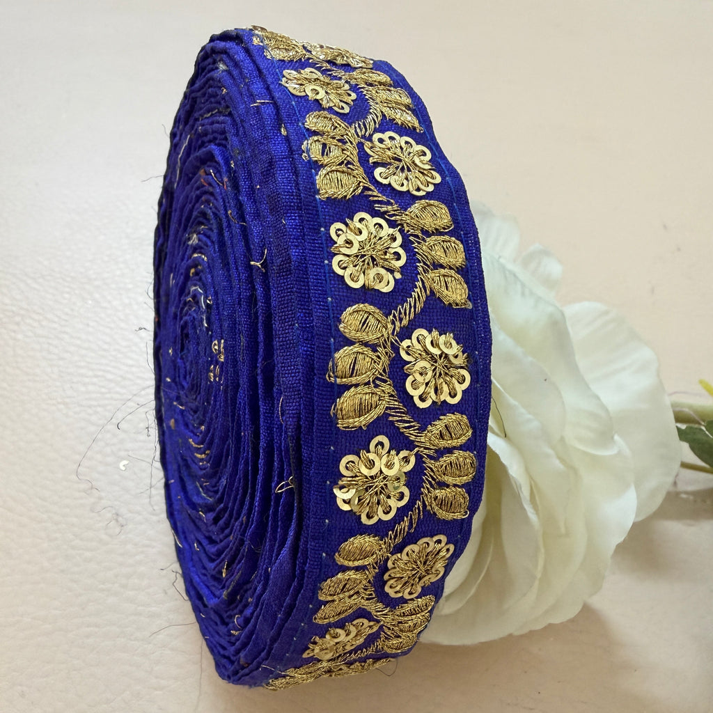 9 Yards Royal Cobalt Blue & Gold Sequin Floral Embroidery Lace.
