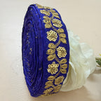 9 Yards Royal Cobalt Blue & Gold Sequin Floral Embroidery Lace.