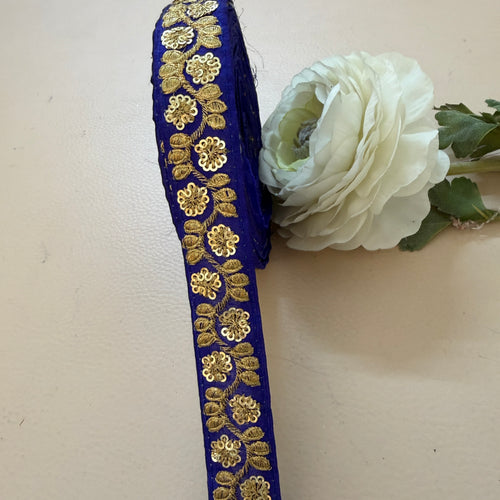 9 Yards Royal Cobalt Blue & Gold Sequin Floral Embroidery Lace.