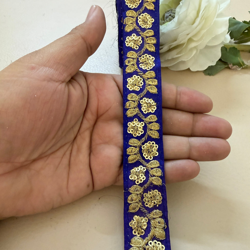 9 Yards Royal Cobalt Blue & Gold Sequin Floral Embroidery Lace.
