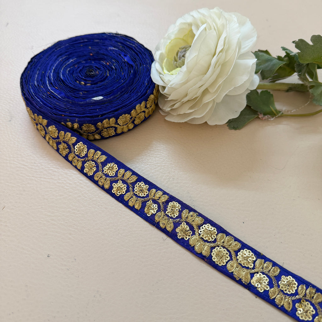 9 Yards Royal Cobalt Blue & Gold Sequin Floral Embroidery Lace.