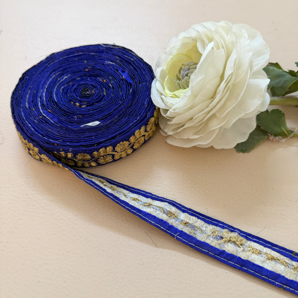 9 Yards Royal Cobalt Blue & Gold Sequin Floral Embroidery Lace.
