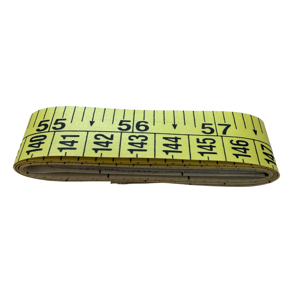 Yellow measuring tape with black text on a white background