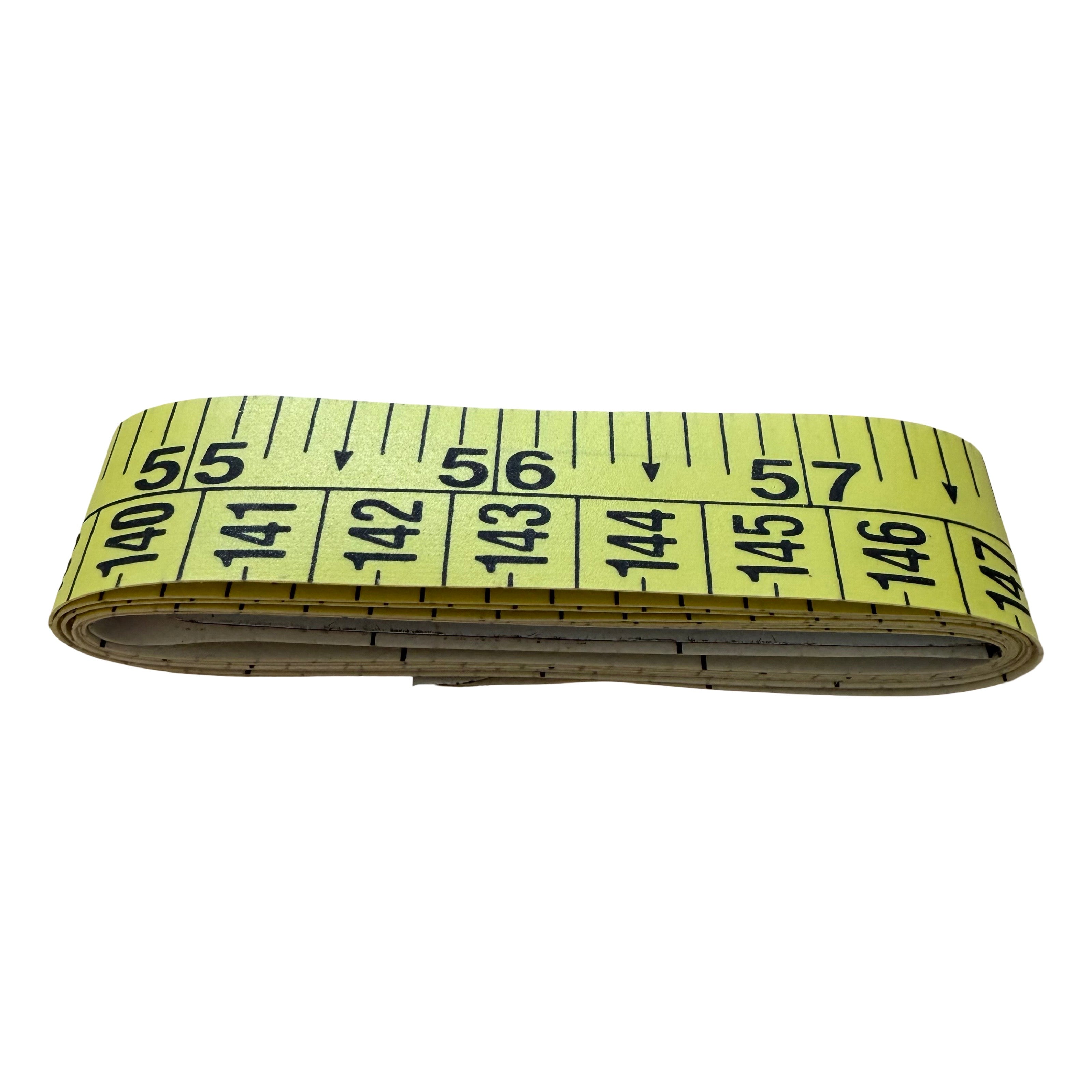 Yellow measuring tape with black text on a white background