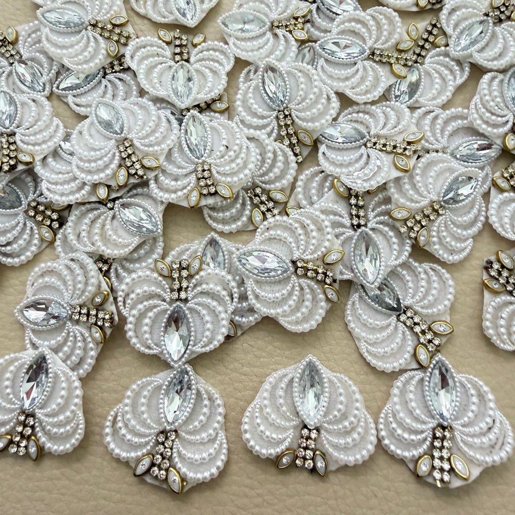 Group of white pearl-effect fan patches with clear rhinestone details