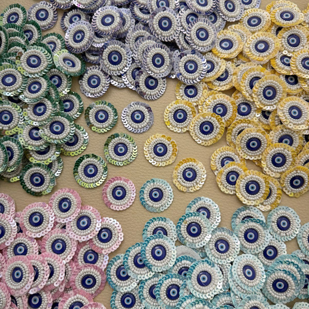 Evil Eye Beaded & Sequin Round Patches – 25 Pieces