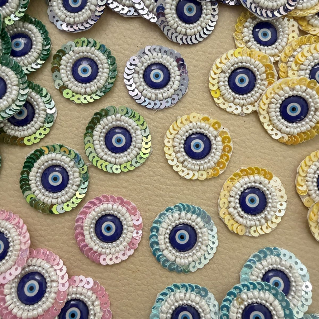 Evil Eye Beaded & Sequin Round Patches – 25 Pieces