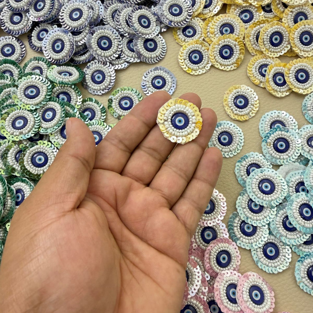 Evil Eye Beaded & Sequin Round Patches – 25 Pieces