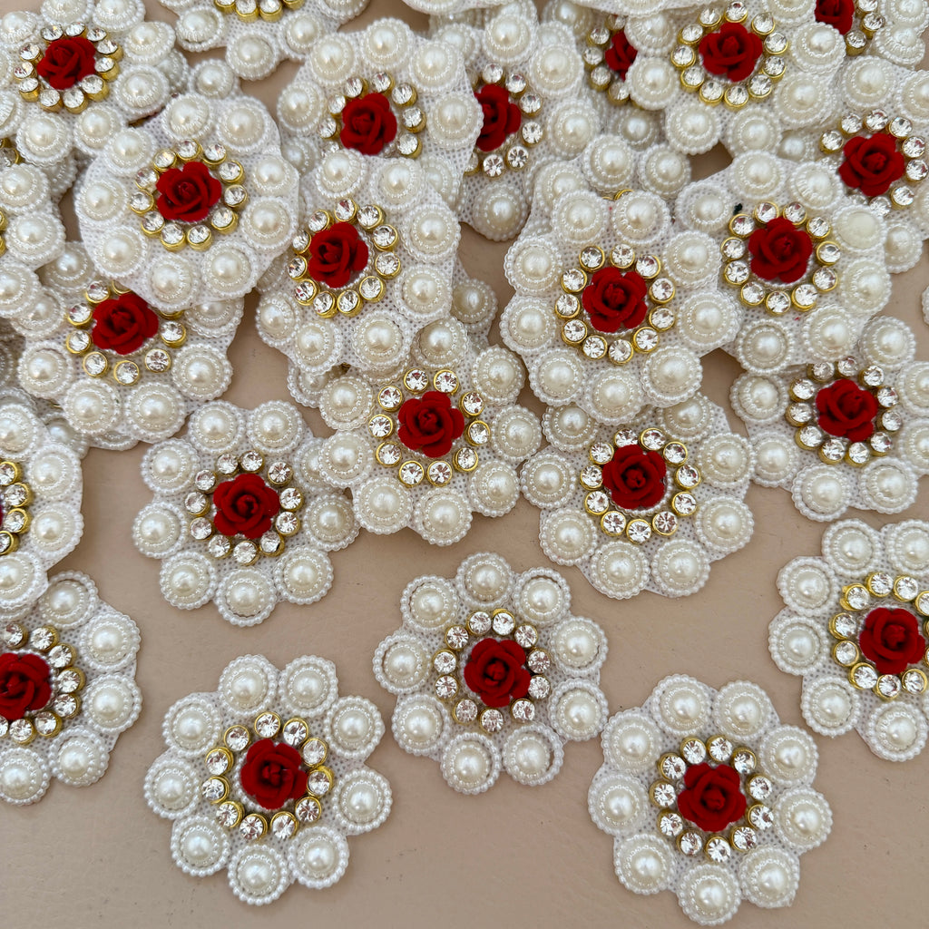 White Pearl Cluster & Red Rose Rhinestone Flower Embellishment Patch – Pack of 10