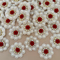 White Pearl Cluster & Red Rose Rhinestone Flower Embellishment Patch – Pack of 10