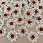 White Pearl Cluster & Red Rose Rhinestone Flower Embellishment Patch – Pack of 10