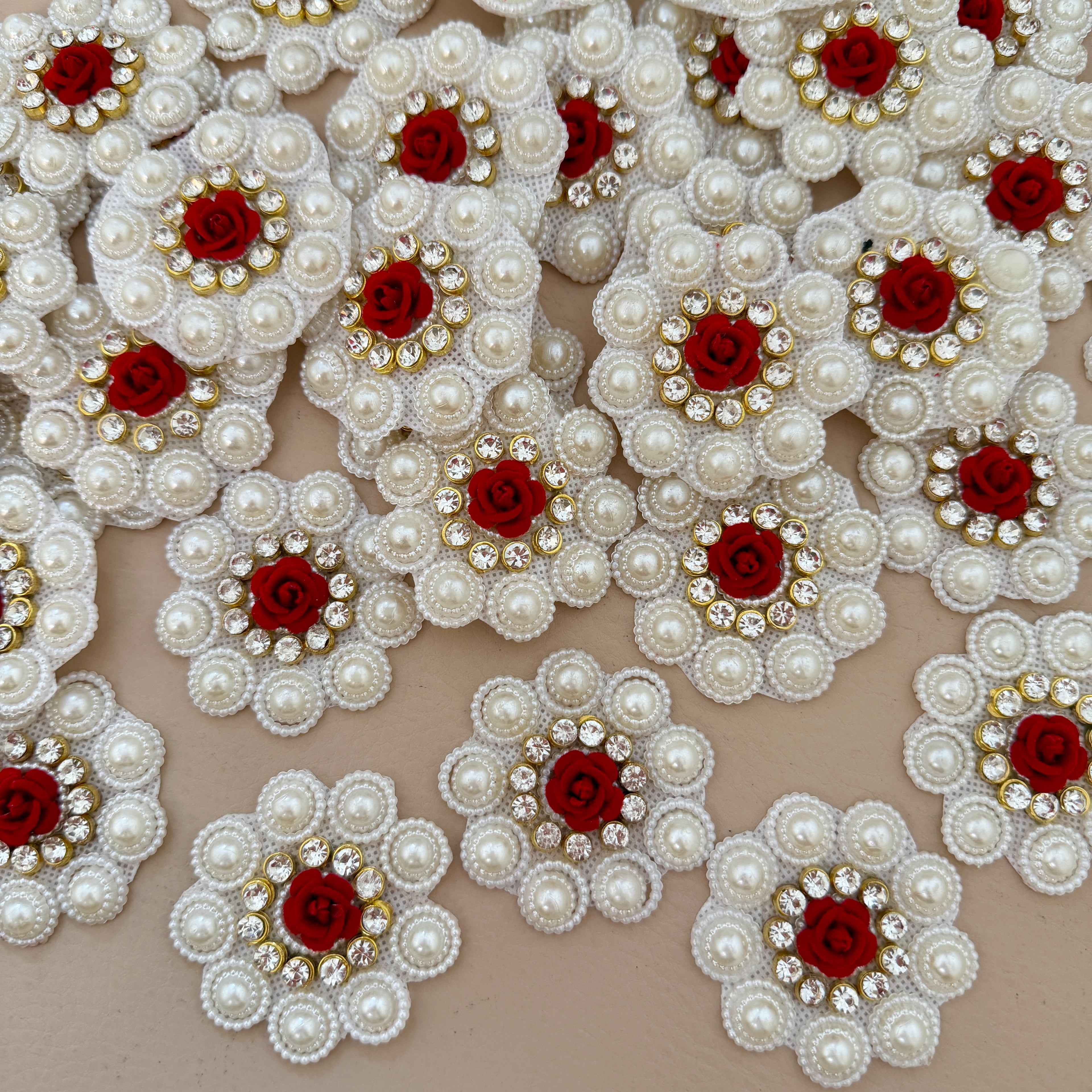 White Pearl Cluster & Red Rose Rhinestone Flower Embellishment Patch – Pack of 10