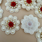 White Pearl Cluster & Red Rose Rhinestone Flower Embellishment Patch – Pack of 10