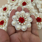 White Pearl Cluster & Red Rose Rhinestone Flower Embellishment Patch – Pack of 10