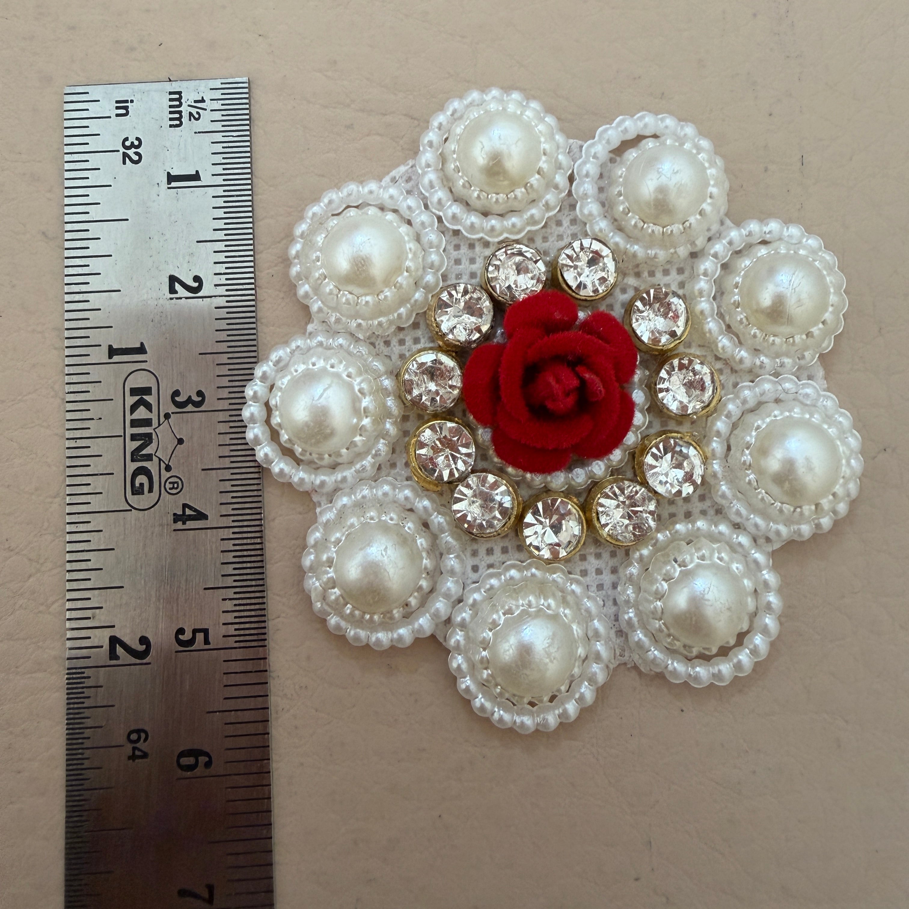 White Pearl Cluster & Red Rose Rhinestone Flower Embellishment Patch – Pack of 10