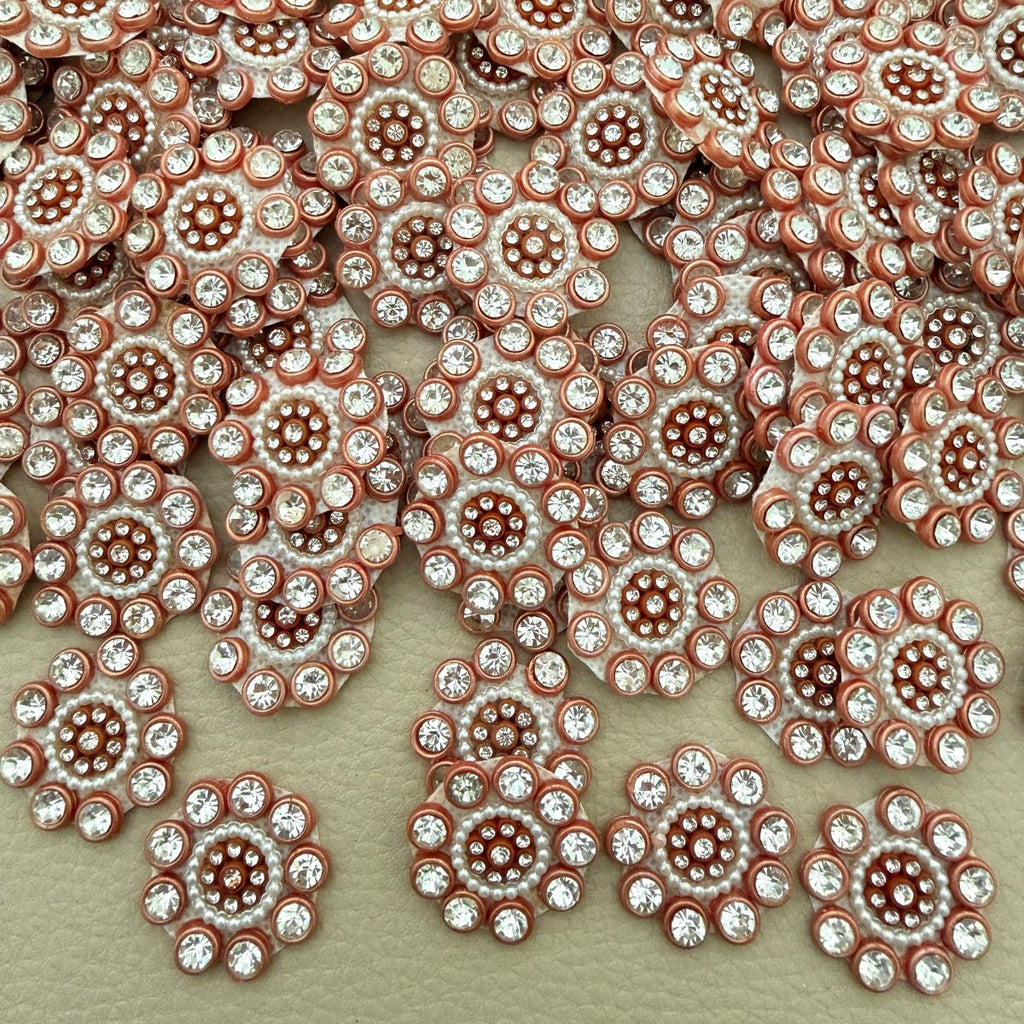 Group of peach copper rhinestone and pearl-style bead flower appliques