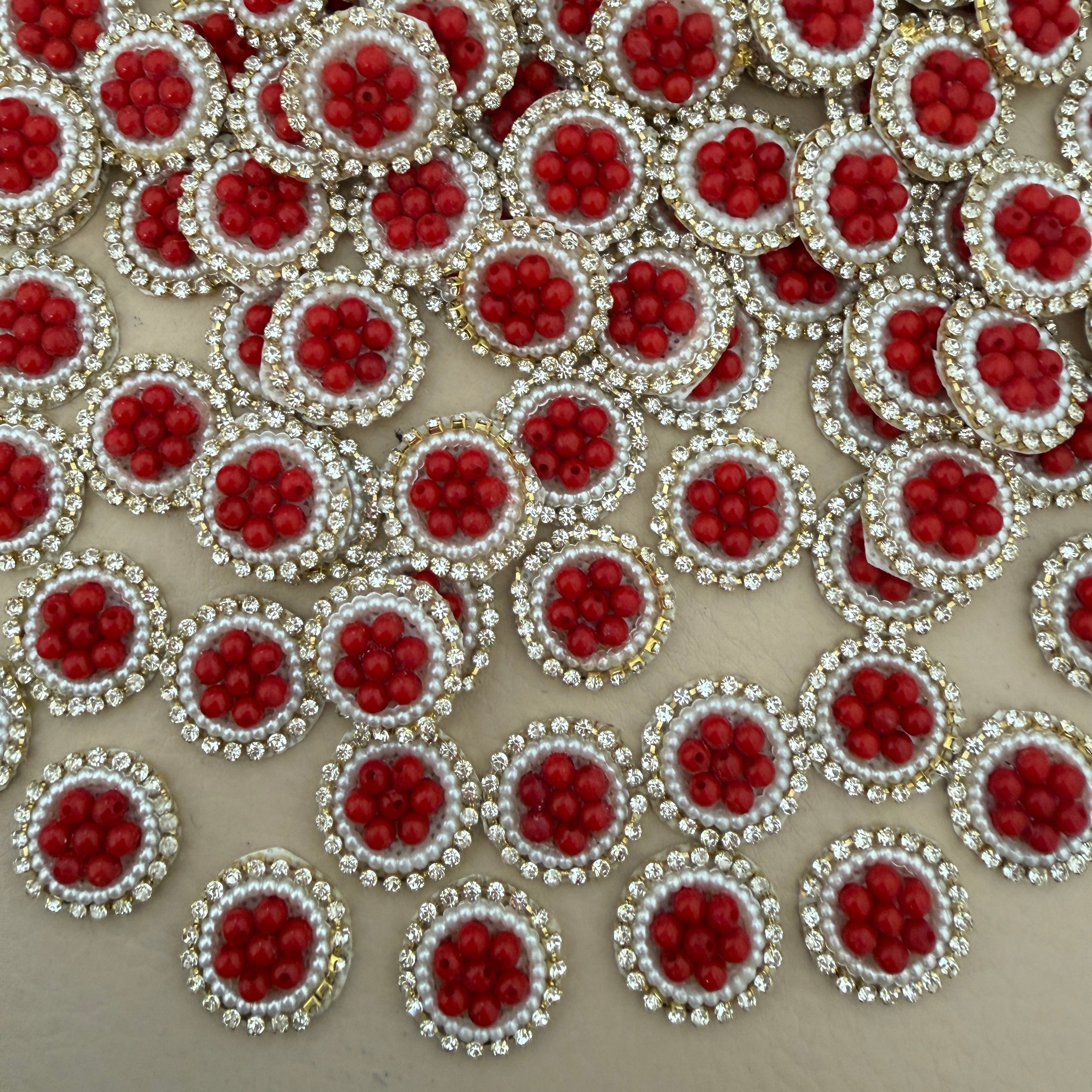 Red Bead Pearl & Rhinestone Circular Applique Patches – Pack of 25