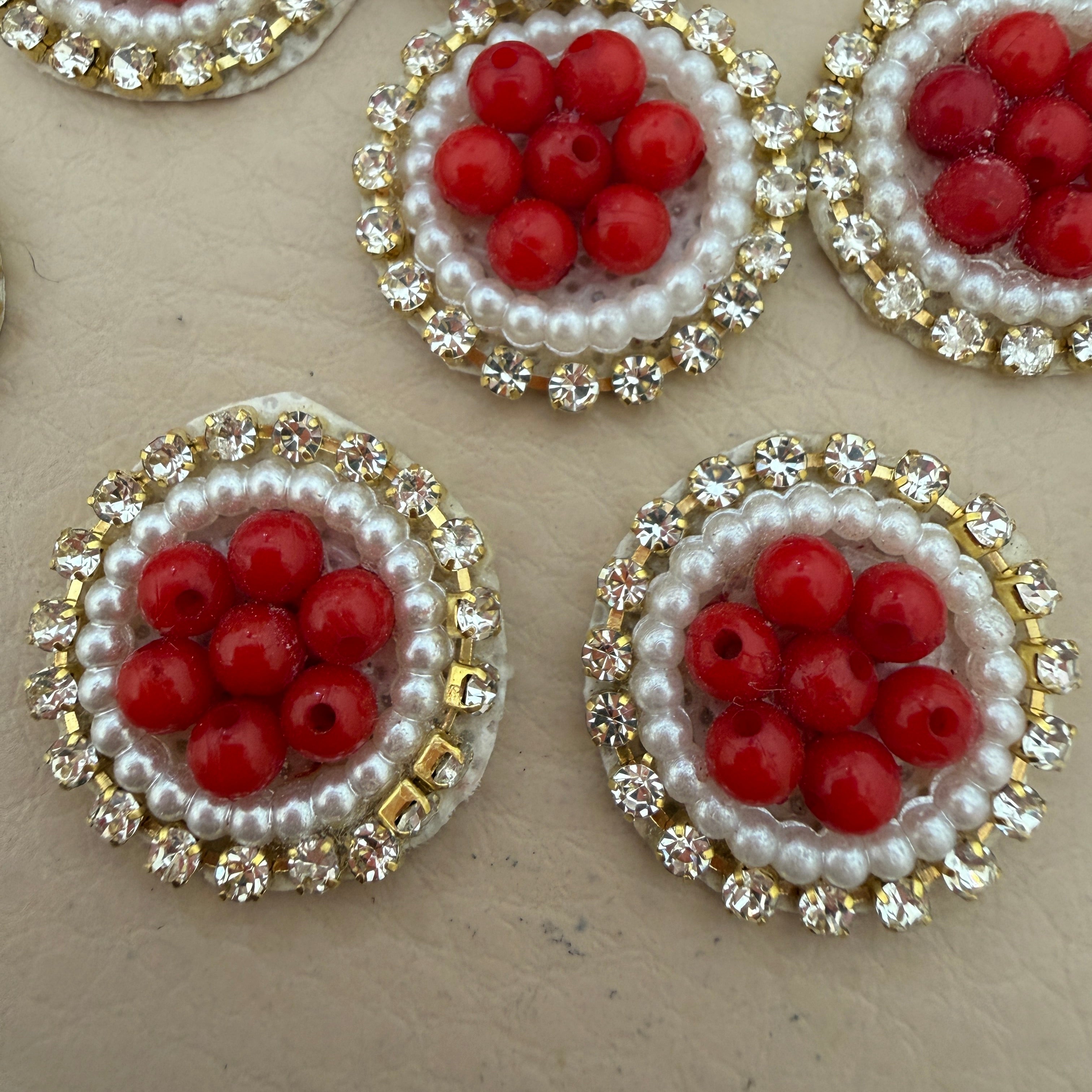 Red Bead Pearl & Rhinestone Circular Applique Patches – Pack of 25